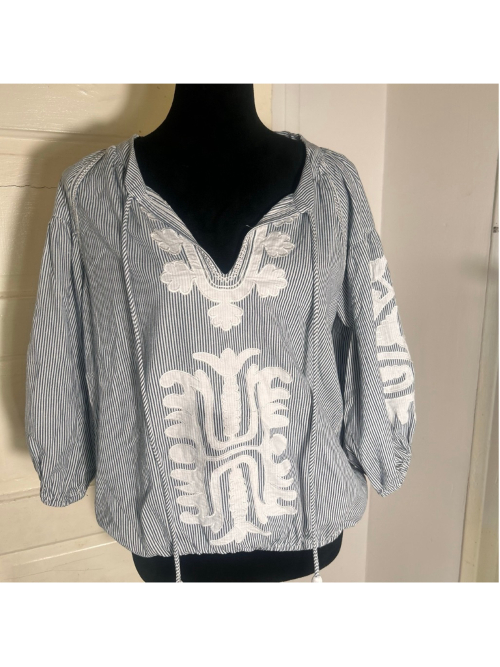 Rose and Rose Striped Peasant Cotton Embroidered Blouse S Boho Beachy Coastak
